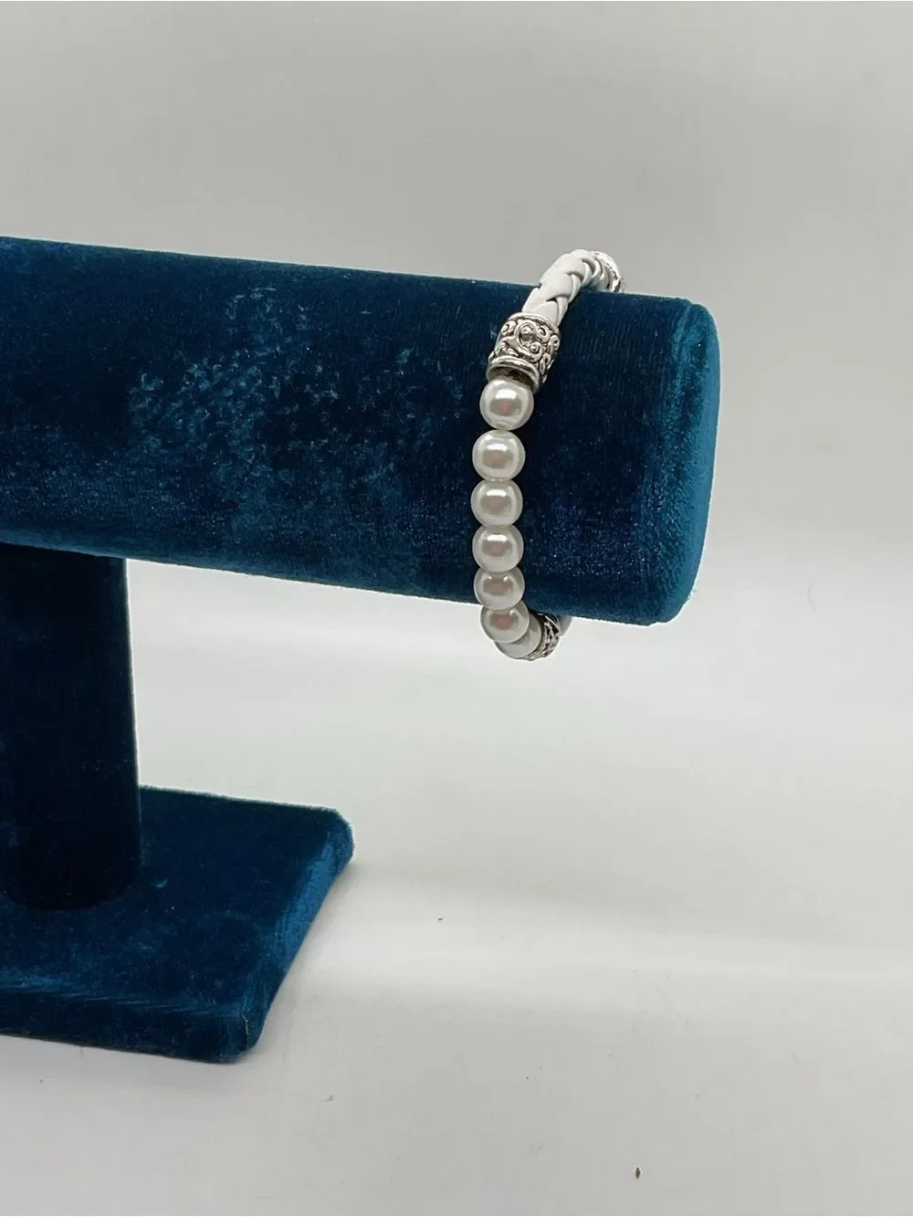 White Braided Leather and faux pearl Bracelet with Silver Toned Details